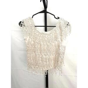 80s 90s Crop Tank Women's White Embroidered Lace Top Sam Large